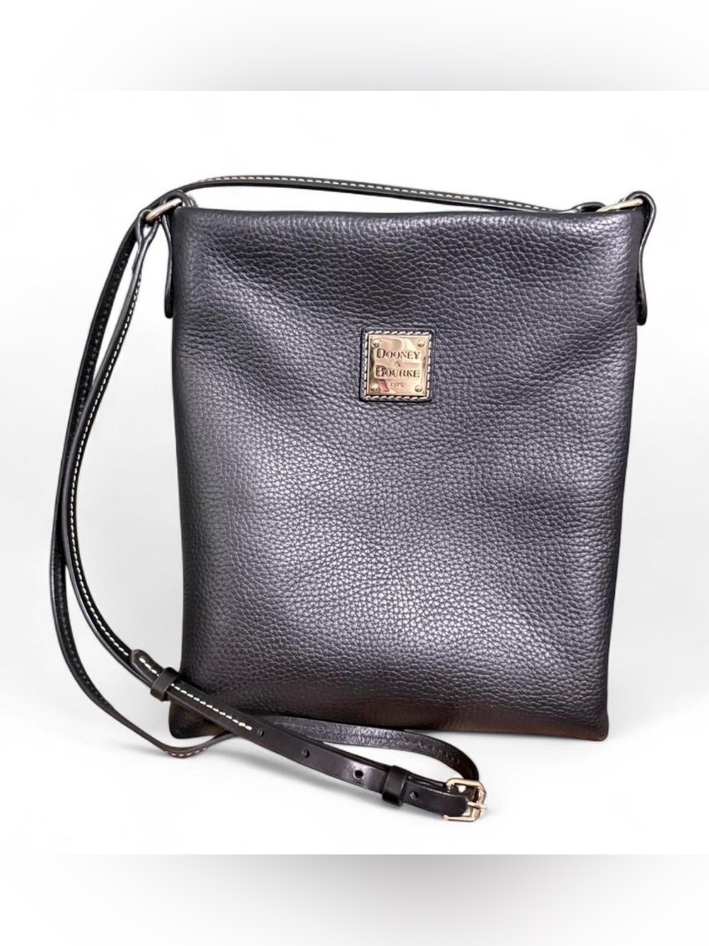Dooney & Bourke Black Pebbled Leather Shoulder Bag with Gold Plaque